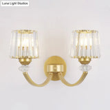 Modern Crystal Wall Lamp: Clear Barrel With Curved Arm In Black/Gold - 1/2-Light Mounted Lighting