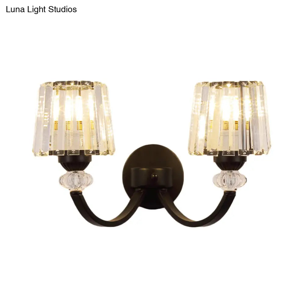 Modern Crystal Wall Lamp: Clear Barrel With Curved Arm In Black/Gold - 1/2-Light Mounted Lighting