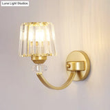 Modern Crystal Wall Lamp: Clear Barrel With Curved Arm In Black/Gold - 1/2-Light Mounted Lighting