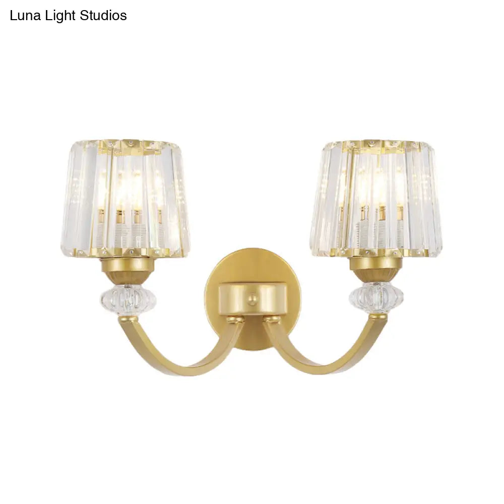Modern Crystal Wall Lamp: Clear Barrel With Curved Arm In Black/Gold - 1/2-Light Mounted Lighting