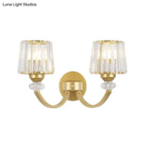 Modern Crystal Wall Lamp: Clear Barrel With Curved Arm In Black/Gold - 1/2-Light Mounted Lighting