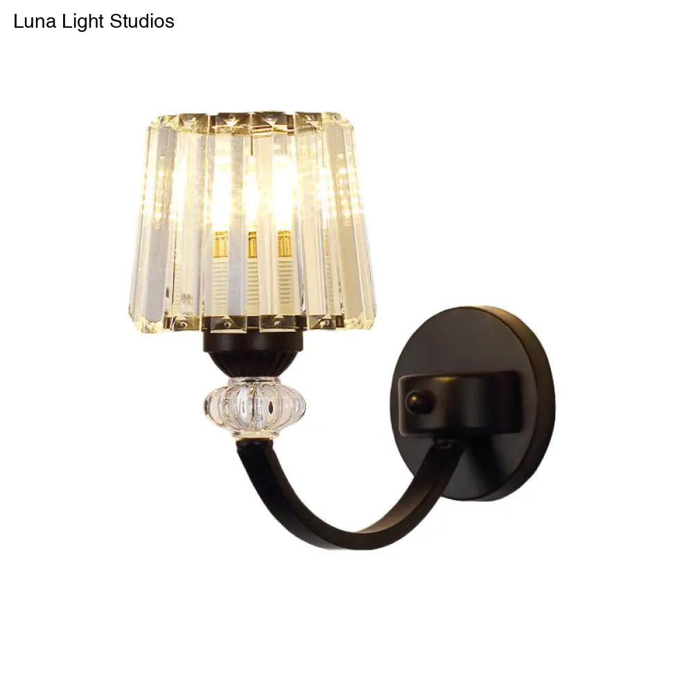 Modern Crystal Wall Lamp: Clear Barrel With Curved Arm In Black/Gold - 1/2-Light Mounted Lighting