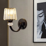 Modern Crystal Wall Lamp: Clear Barrel With Curved Arm In Black/Gold - 1/2-Light Mounted Lighting 1