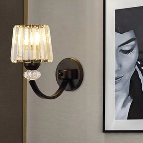 Modern Crystal Wall Lamp: Clear Barrel With Curved Arm In Black/Gold - 1/2-Light Mounted Lighting 1