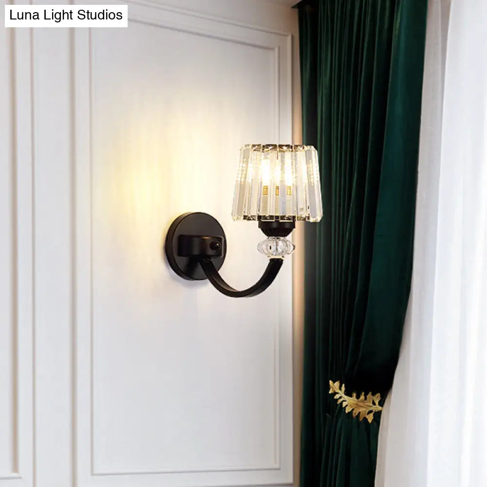 Modern Crystal Wall Lamp: Clear Barrel With Curved Arm In Black/Gold - 1/2-Light Mounted Lighting