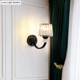 Modern Crystal Wall Lamp: Clear Barrel With Curved Arm In Black/Gold - 1/2-Light Mounted Lighting