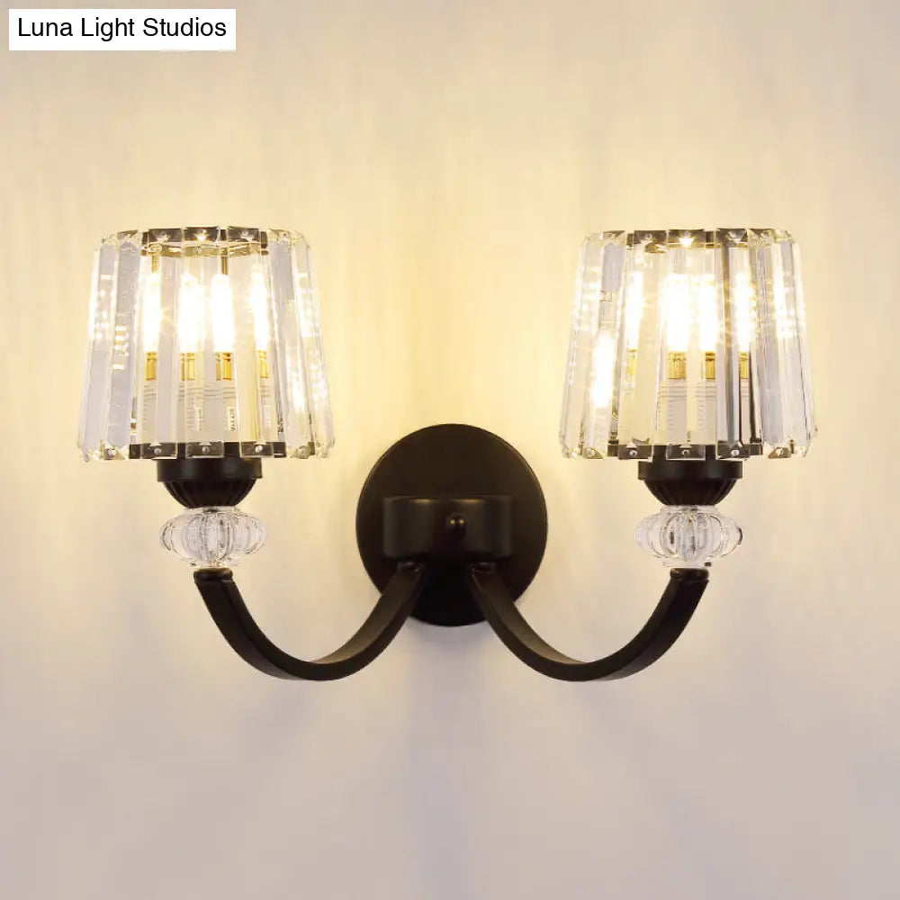 Modern Crystal Wall Lamp: Clear Barrel With Curved Arm In Black/Gold - 1/2-Light Mounted Lighting