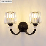 Modern Crystal Wall Lamp: Clear Barrel With Curved Arm In Black/Gold - 1/2-Light Mounted Lighting