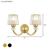 Modern Crystal Wall Lamp: Clear Barrel With Curved Arm In Black/Gold - 1/2-Light Mounted Lighting
