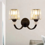 Modern Crystal Wall Lamp: Clear Barrel With Curved Arm In Black/Gold - 1/2-Light Mounted Lighting 2