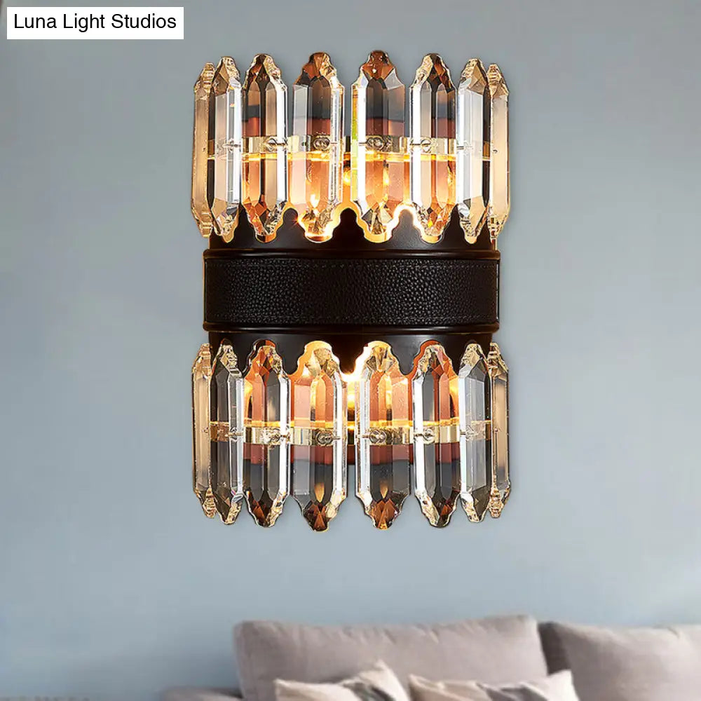 Modern Crystal Wall Sconce Light - Black Cylinder Block Fixture (2/4 Lights)
