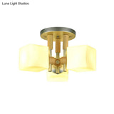 Modern Cube 3-Light Glass & Wood Ceiling Lamp
