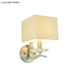 Modern Cube Bedside Wall Lamp - Fabric Single Light Sconce In Grey/Black With Crystal Accent