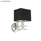 Modern Cube Bedside Wall Lamp - Fabric Single Light Sconce In Grey/Black With Crystal Accent