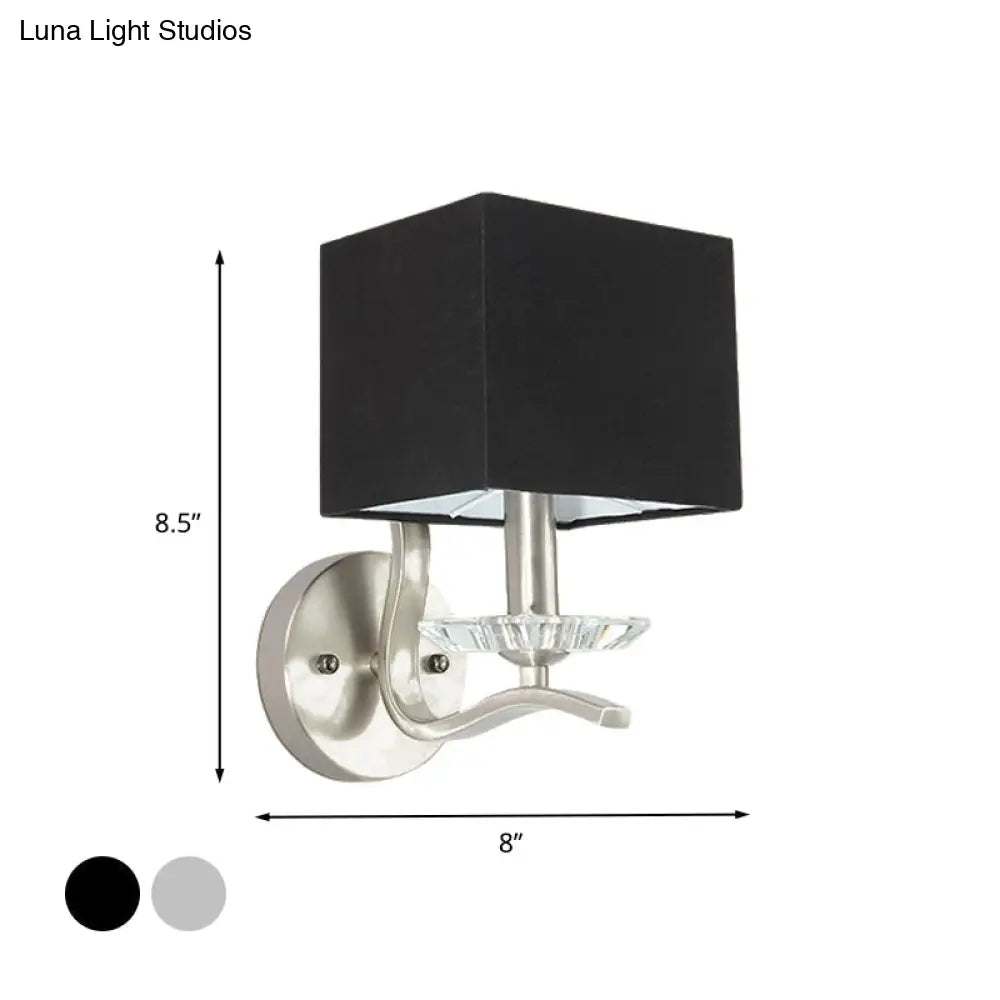 Modern Cube Bedside Wall Lamp - Fabric Single Light Sconce In Grey/Black With Crystal Accent