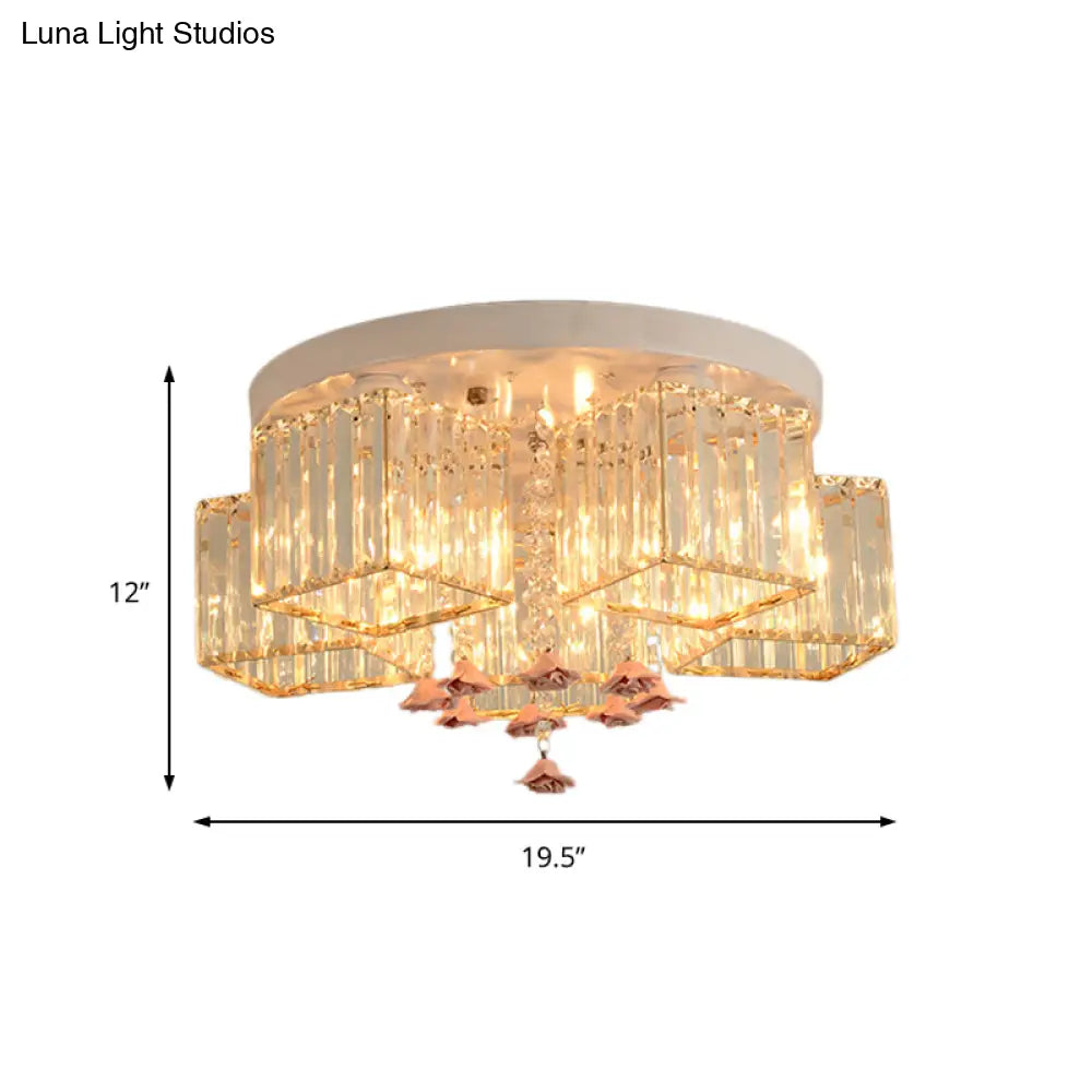 Modern Cubic Flush Mount Crystal Ceiling Light With Pink Rose Draping - 19.5’/23.5’ Dia 5/6