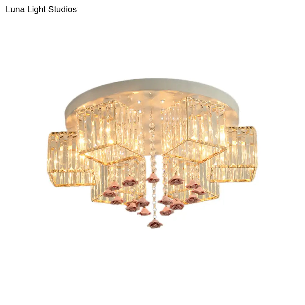 Modern Cubic Flush Mount Crystal Ceiling Light With Pink Rose Draping - 19.5’/23.5’ Dia 5/6