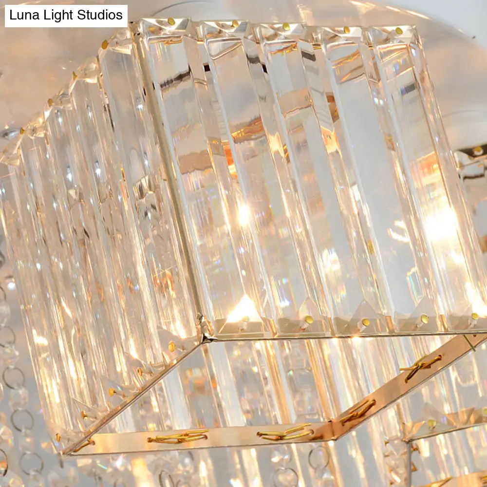 Modern Cubic Flush Mount Crystal Ceiling Light With Pink Rose Draping - 19.5’/23.5’ Dia 5/6