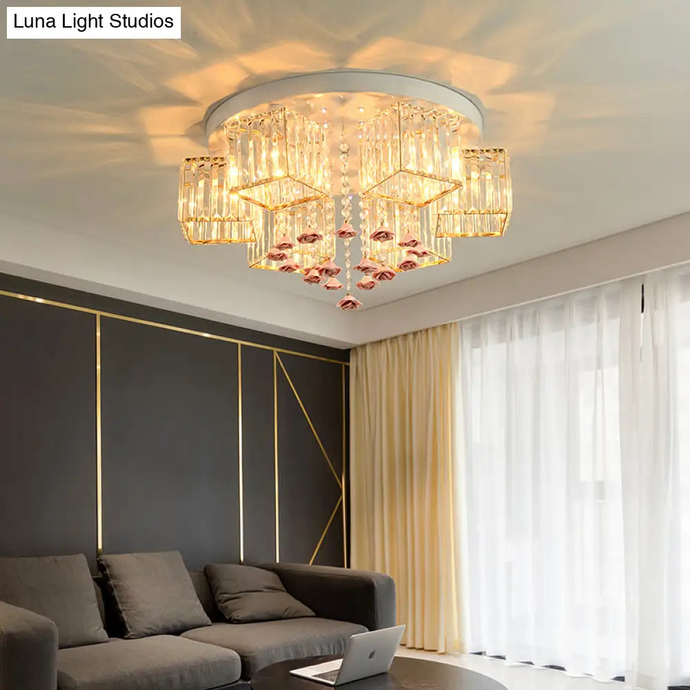 Modern Cubic Flush Mount Crystal Ceiling Light With Pink Rose Draping - 19.5’/23.5’ Dia 5/6