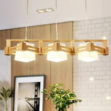 Modern Cubic Frosted Glass Island Pendant Lamp With Wood Cage And 3 Beige Bulbs