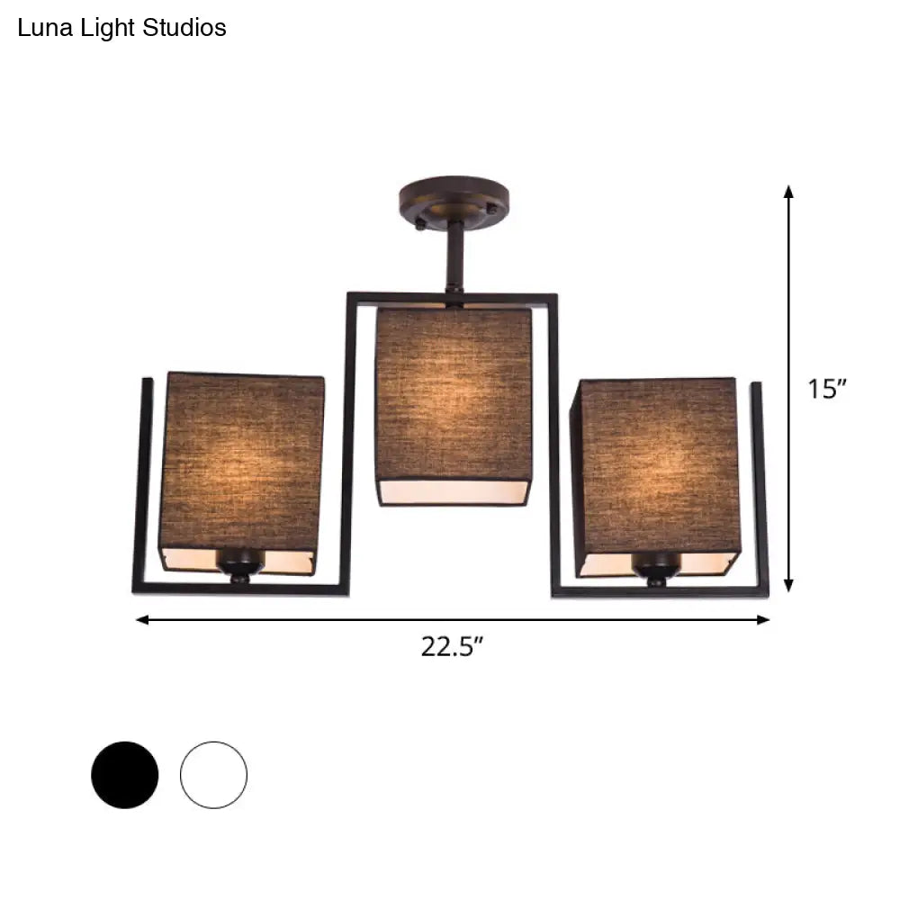 Modern Cuboid Semi Flush Mount With 3 Bulbs And Fabric Shade