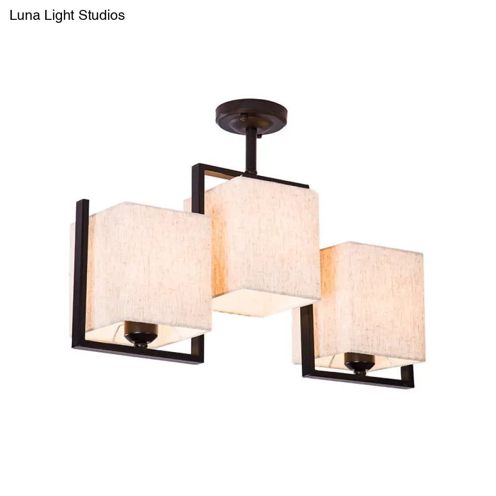 Modern Cuboid Semi Flush Mount With 3 Bulbs And Fabric Shade