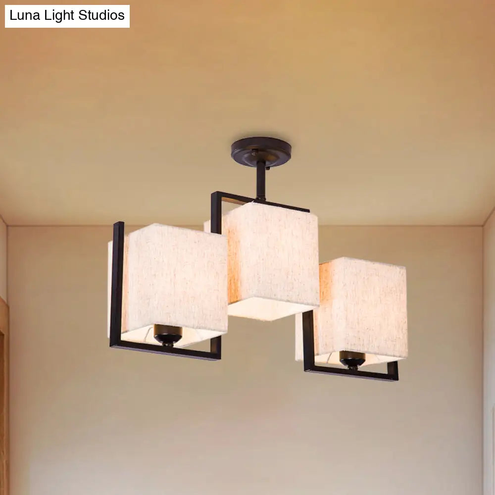Modern Cuboid Semi Flush Mount With 3 Bulbs And Fabric Shade