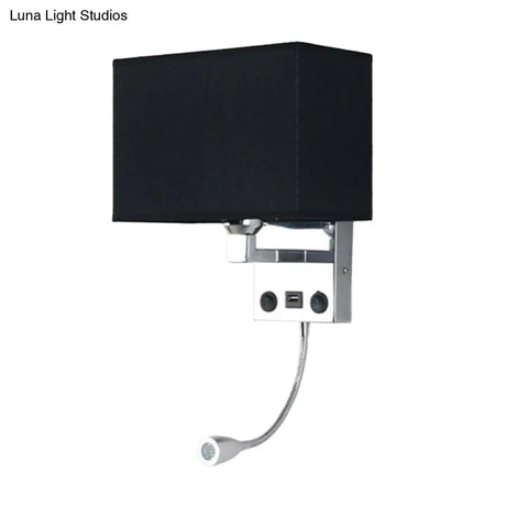 Modern Cuboid Wall Lamp With Usb Port Spotlight And Fabric Shade (Black/White/Flaxen)