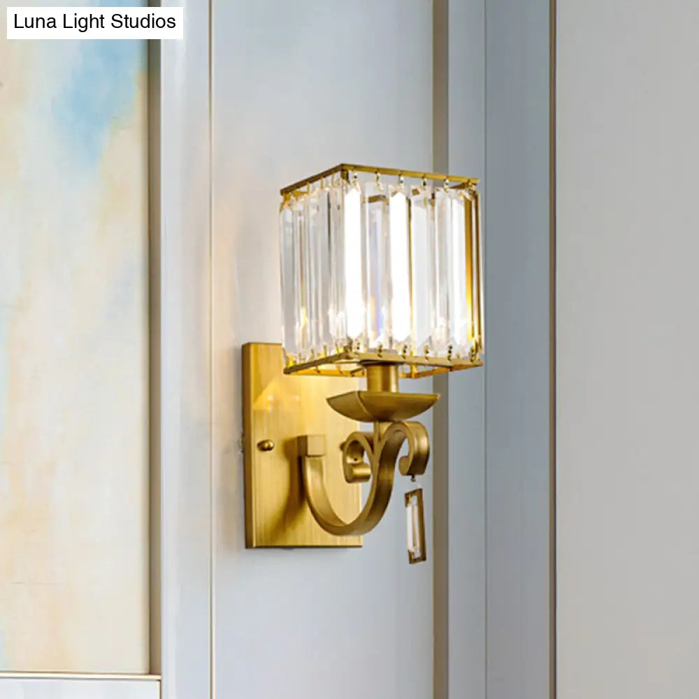 Modern Cuboid Wall Light Sconce With Crystal Block 1-Bulb Brass Fixture