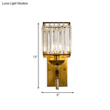 Modern Cuboid Wall Light Sconce With Crystal Block 1-Bulb Brass Fixture