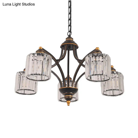 Modern Curved Arm Chandelier With Clear Tri-Sided Crystal Rods - 3/5/6 Heads Black Ceiling Fixture