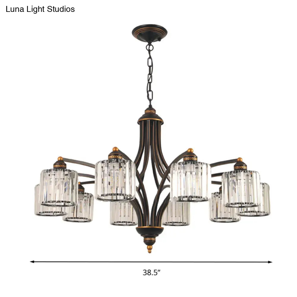 Modern Curved Arm Chandelier With Clear Tri-Sided Crystal Rods - 3/5/6 Heads Black Ceiling Fixture