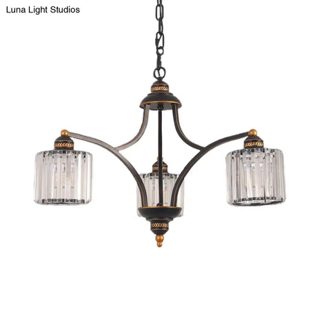 Modern Curved Arm Chandelier With Clear Tri-Sided Crystal Rods - 3/5/6 Heads Black Ceiling Fixture