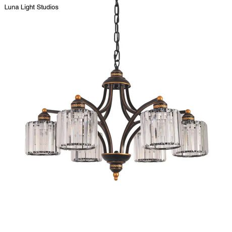 Modern Curved Arm Chandelier With Clear Tri-Sided Crystal Rods - 3/5/6 Heads Black Ceiling Fixture