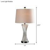 Modern Curved Clear Crystal Glass Night Light - White Fabric Nightstand Lamp