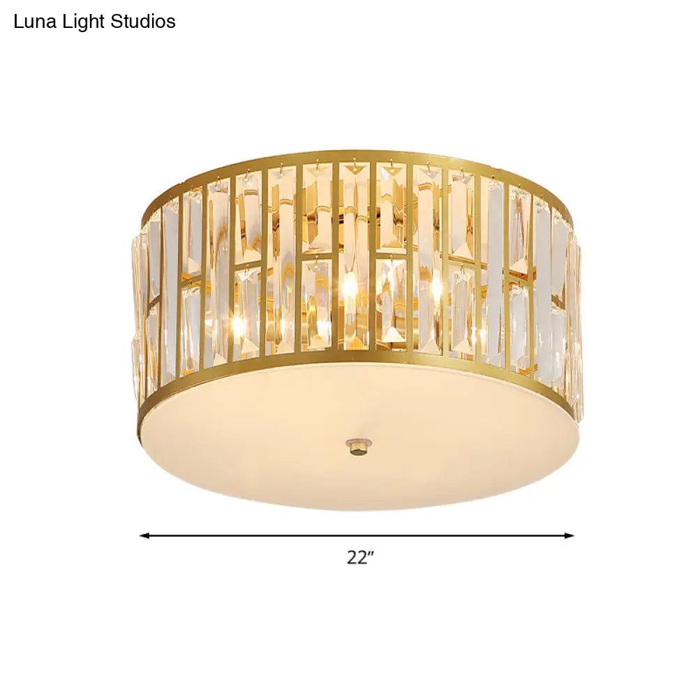 Modern Cut Crystal Gold Drum Flush Mount Ceiling Light With Opal Glass Diffuser - 5 Bulbs 3 Sizes