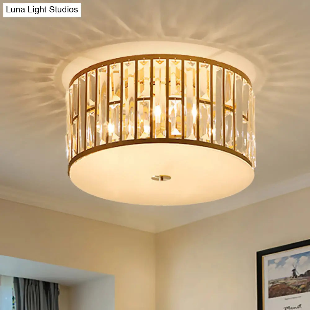 Modern Cut Crystal Gold Drum Flush Mount Ceiling Light With Opal Glass Diffuser - 5 Bulbs 3 Sizes