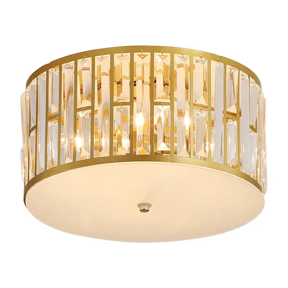 Modern Cut Crystal Gold Drum Flush Mount Ceiling Light With Opal Glass Diffuser - 5 Bulbs 3 Sizes