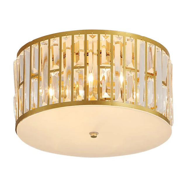 Modern Cut Crystal Gold Drum Flush Mount Ceiling Light With Opal Glass Diffuser - 5 Bulbs 3 Sizes