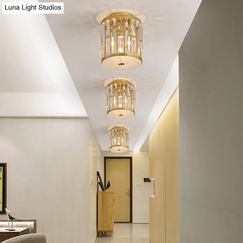 Modern Cut Crystal Gold Drum Flush Mount Ceiling Light With Opal Glass Diffuser - 5 Bulbs 3 Sizes