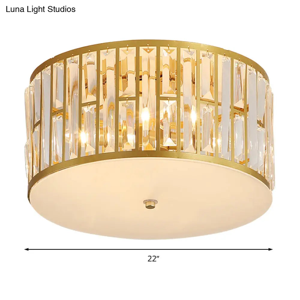 Modern Cut Crystal Gold Drum Flush Mount Ceiling Light With Opal Glass Diffuser - 5 Bulbs 3 Sizes