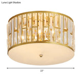 Modern Cut Crystal Gold Drum Flush Mount Ceiling Light With Opal Glass Diffuser - 5 Bulbs 3 Sizes