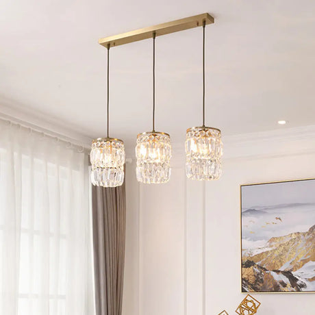 Modern Cylinder Crystal Hanging Light With Brass Finish - 3-Bulb Pendant Lamp Fixture / Linear