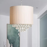 Modern Cylinder Fabric Pendant Chandelier With Crystal Drops - Beige Hanging Light (3/4 Heads) 4 /