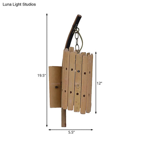 Modern Cylinder Shaped Bamboo Wood Wall Light Fixture With Pierced Design - Balcony Sconce Lighting