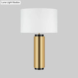 Modern Cylindrical Desk Lamp - White Fabric Shade Gold Metal Base