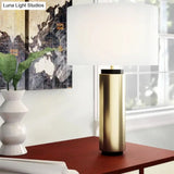 Modern Cylindrical Desk Lamp - White Fabric Shade Gold Metal Base