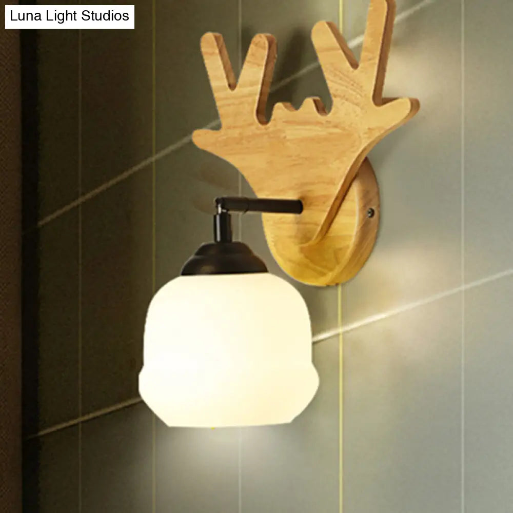 Modern Deer Head Wall Light In Beige For Bedroom - 1 Wood Sconce