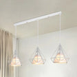 Modern Diamond Cage Pendant Light With 3 Lights - White Metal And Fabric Hanging Lamp / Linear