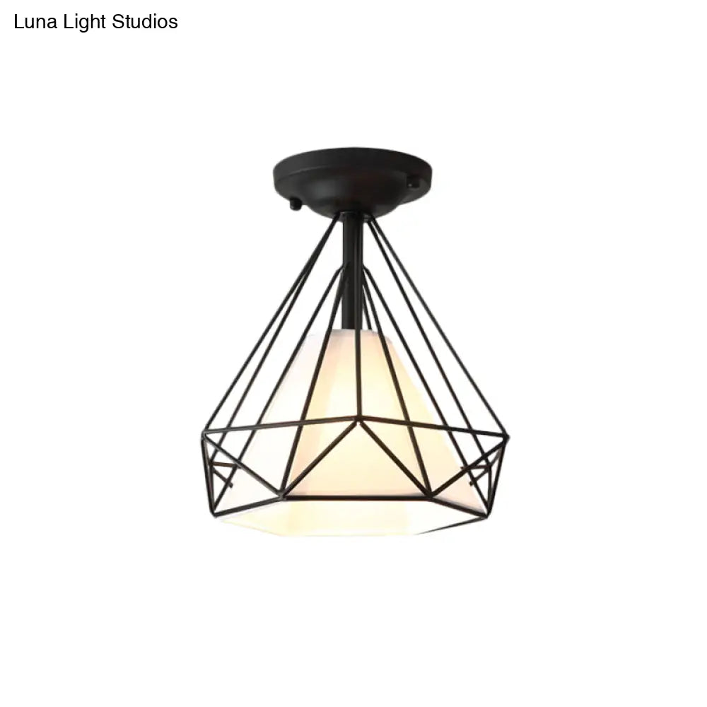 Modern Diamond Wire Guard Ceiling Lamp - Iron Glass Mount Light For Corridor Room